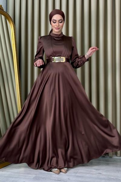 Efsun Gold Kemerli Abiye Kahverengi