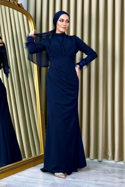 Senem Kolu Tüylü Abiye Lacivert