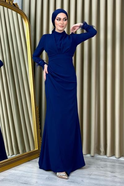 Senem Kolu Tüylü Abiye Açık Lacivert