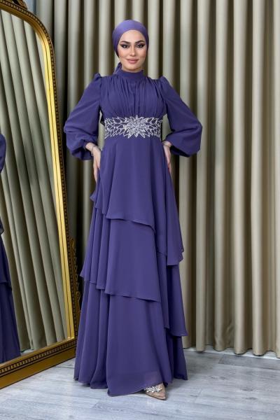 Sude Taşlı Şifon Abiye Lila