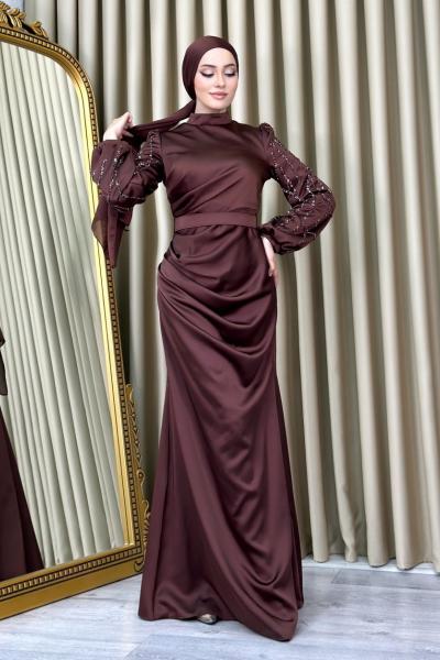 Şura Abiye Tesettür Kahverengi