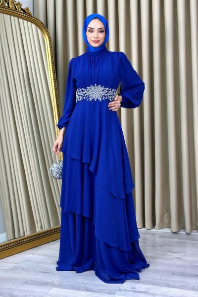 Sude Taşlı Şifon Abiye Saks Mavisi