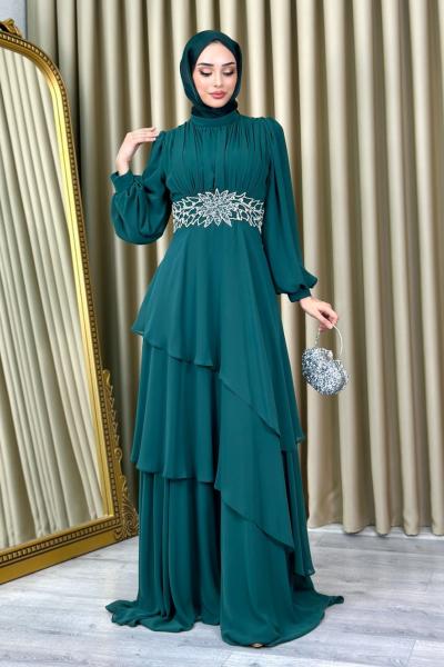 Sude Taşlı Şifon Abiye Zümrüt