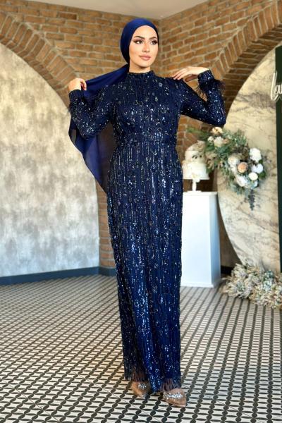 Yaprak Desen Tesettür abiye Lacivert