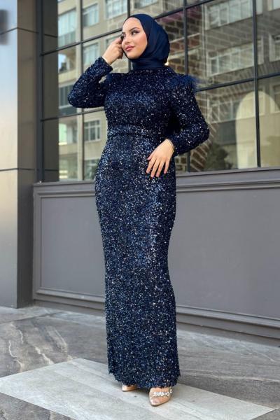 Nilsu Payetli Kalem abiye Lacivert