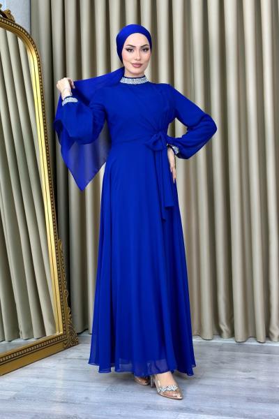 NİLÜFER Tesettür Abiye Saks Mavisi