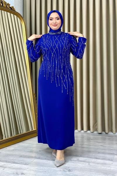 Mehtap Abiye Tesettür Saks Mavisi