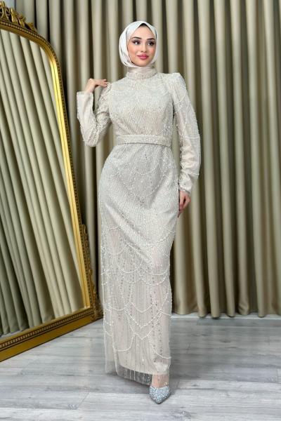 Kübra Tesettür Kalem Abiye Taş Rengi