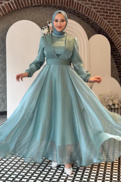 Mercan abiye tesettür Mint Yeşili