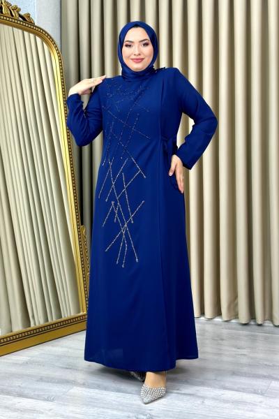 Nevra taşlı tesettür abiye büyük beden Lacivert