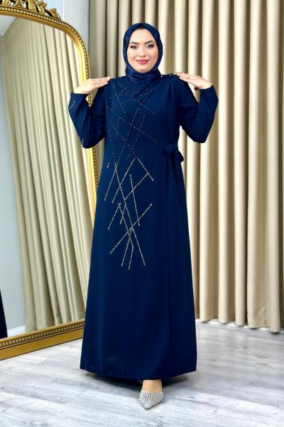 Nevra taşlı tesettür abiye büyük beden Koyu Lacivert