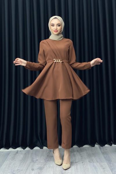 NURGÜL ZİNCİRLİ PANTOLONLU TAKIM Kahverengi