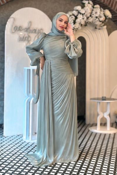 Derin tesettür abiye Mint Yeşili