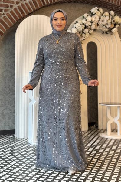 Kübra Tesettür Kalem Abiye Gri