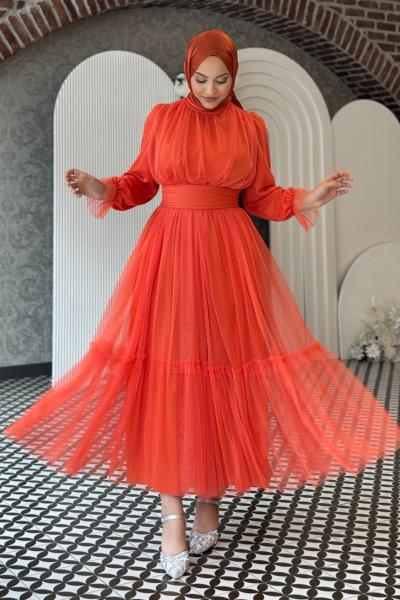 Melisa Tül abiye Nar Çiçeği