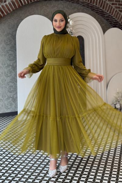 Melisa Tül abiye Yağ Yeşili