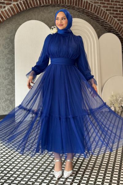 Melisa Tül abiye Saks Mavisi