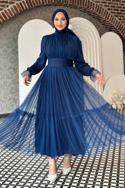 Melisa Tül abiye Petrol Mavisi