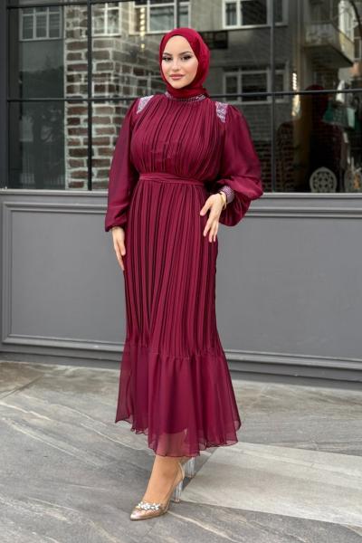 Sema Taş Detaylı Abiye Tesettür Bordo