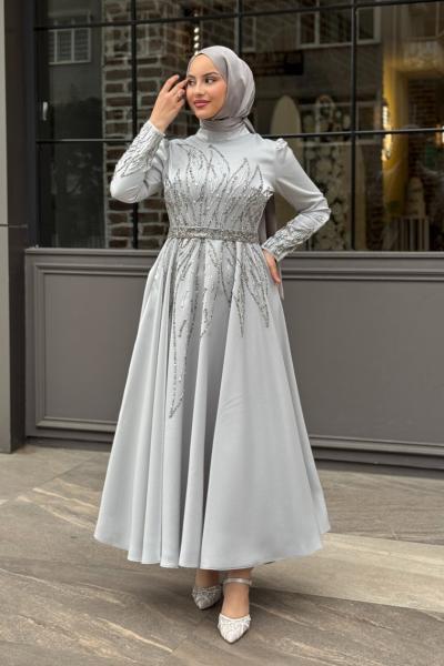 Ayten Tesettür Abiye Gri