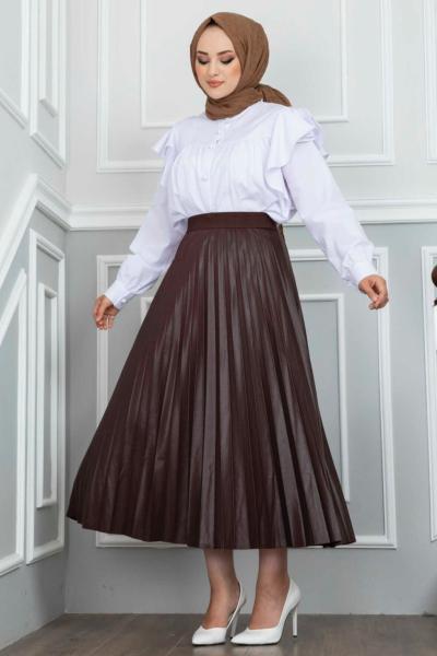 SEÇİL DERİ GÖRÜNÜMLÜ ETEK Kahverengi