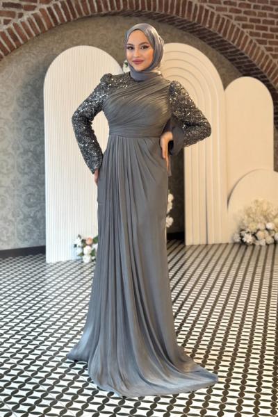 Miray Tesettür Abiye Gri