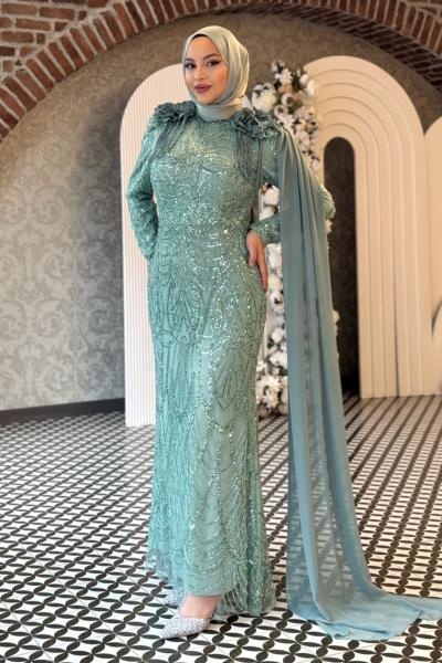 Çiçek Tesettür Abiye Mint Yeşili