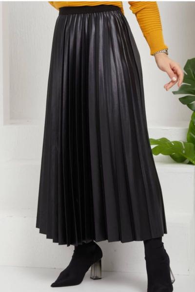 SEÇİL DERİ GÖRÜNÜMLÜ ETEK Siyah