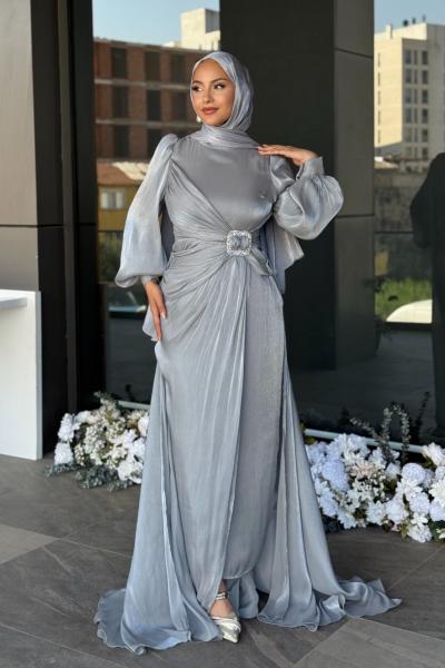 Güzide Tesettür Abiye Gri