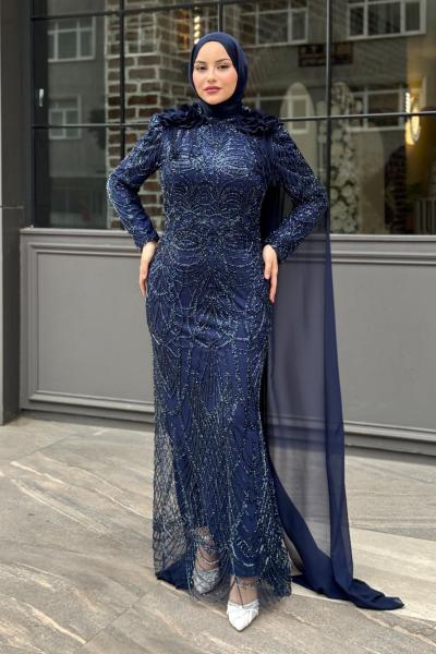 Çiçek Tesettür Abiye Lacivert