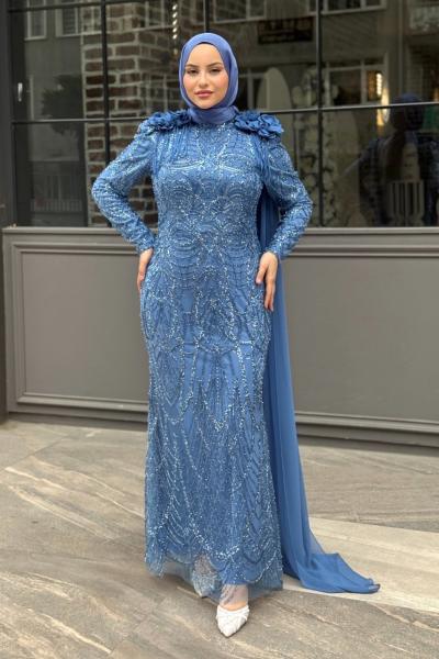 Çiçek Tesettür Abiye Mavi