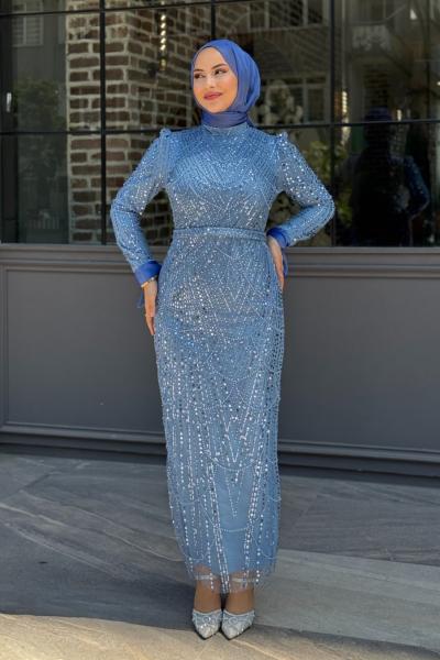 Güneş Tesettür Abiye Mavi