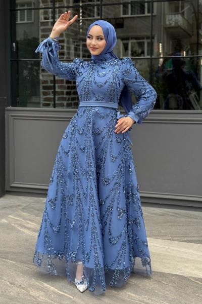 Belkıs Tesettür Abiye Mavi
