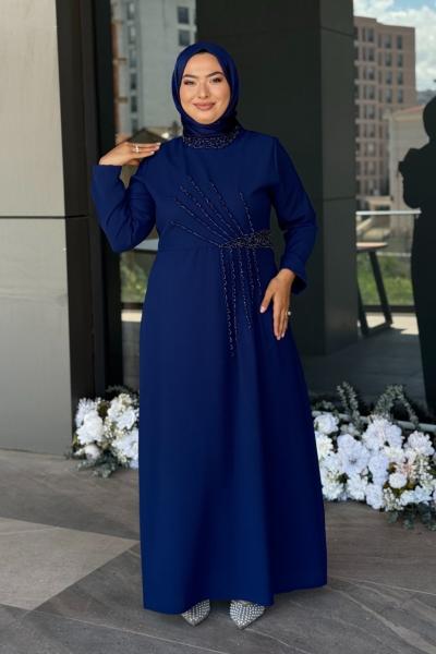 Kadife Tesettür Abiye Lacivert