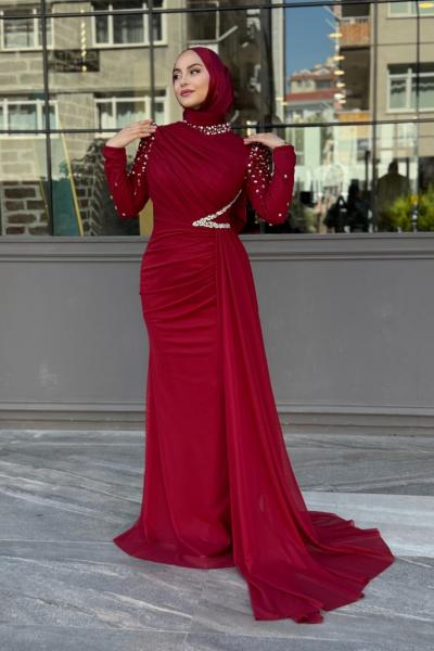 Nadire Tesettür Abiye Bordo