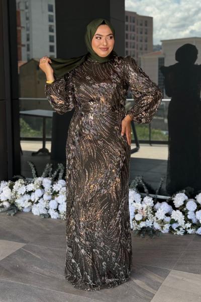 Leman Tesettür Abiye koyu haki