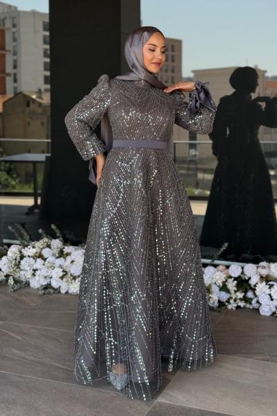 Elena Tesettür Abiye Gri