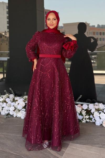 Elena Tesettür Abiye Bordo