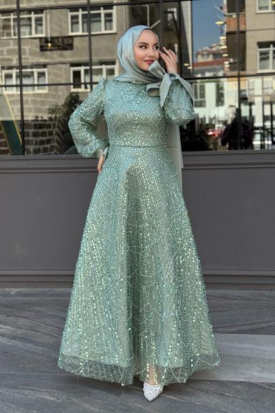 Hera Tesettür Abiye Mint Yeşili