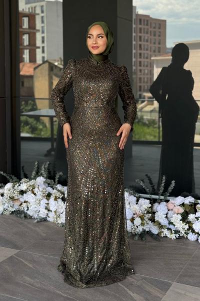 Özge Tesettür Abiye koyu haki