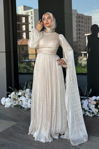 Safir Tesettür Abiye Ekru