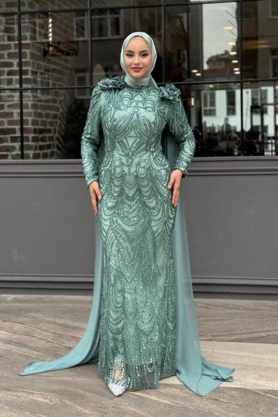 Papatya Tesettür Abiye Mint Yeşili