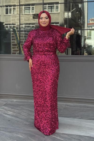 MELİKE Payetli Kalem Abiye Fuşya