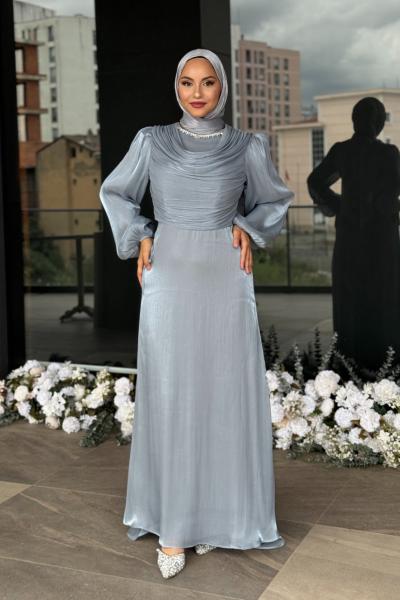 Nurten Tesettür Abiye Açık Gri