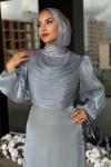 Nurten Tesettür Abiye Açık Gri