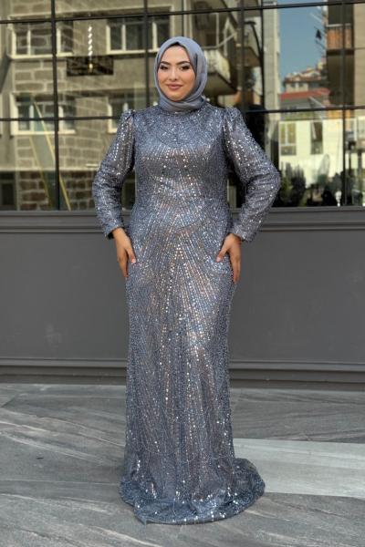 Özge Büyük Beden Tesettür Abiye Gri
