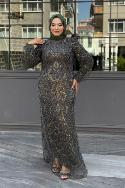 Aslıhan Tesettür Abiye koyu haki