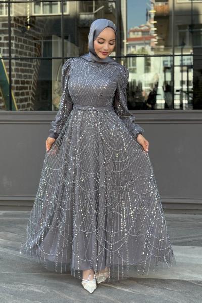Asena Tesettür Abiye Gri