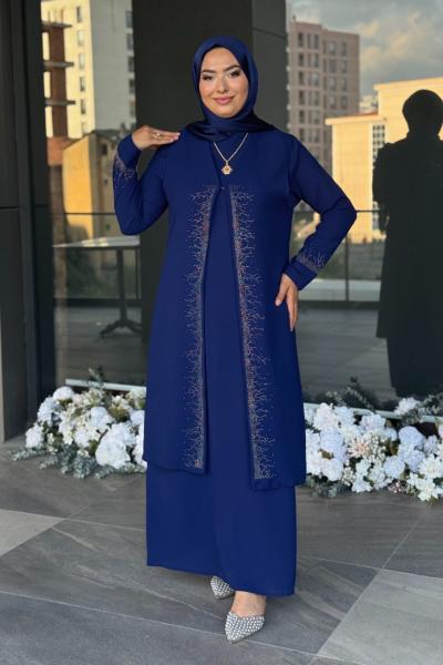 Zarife Tesettür Abiye  Saks Mavisi