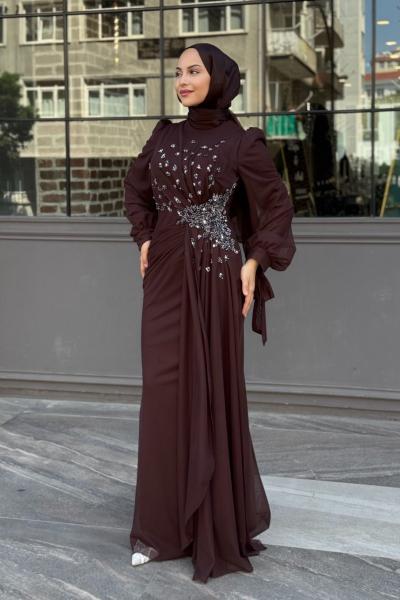 Firuze Tesettür Abiye Kahverengi